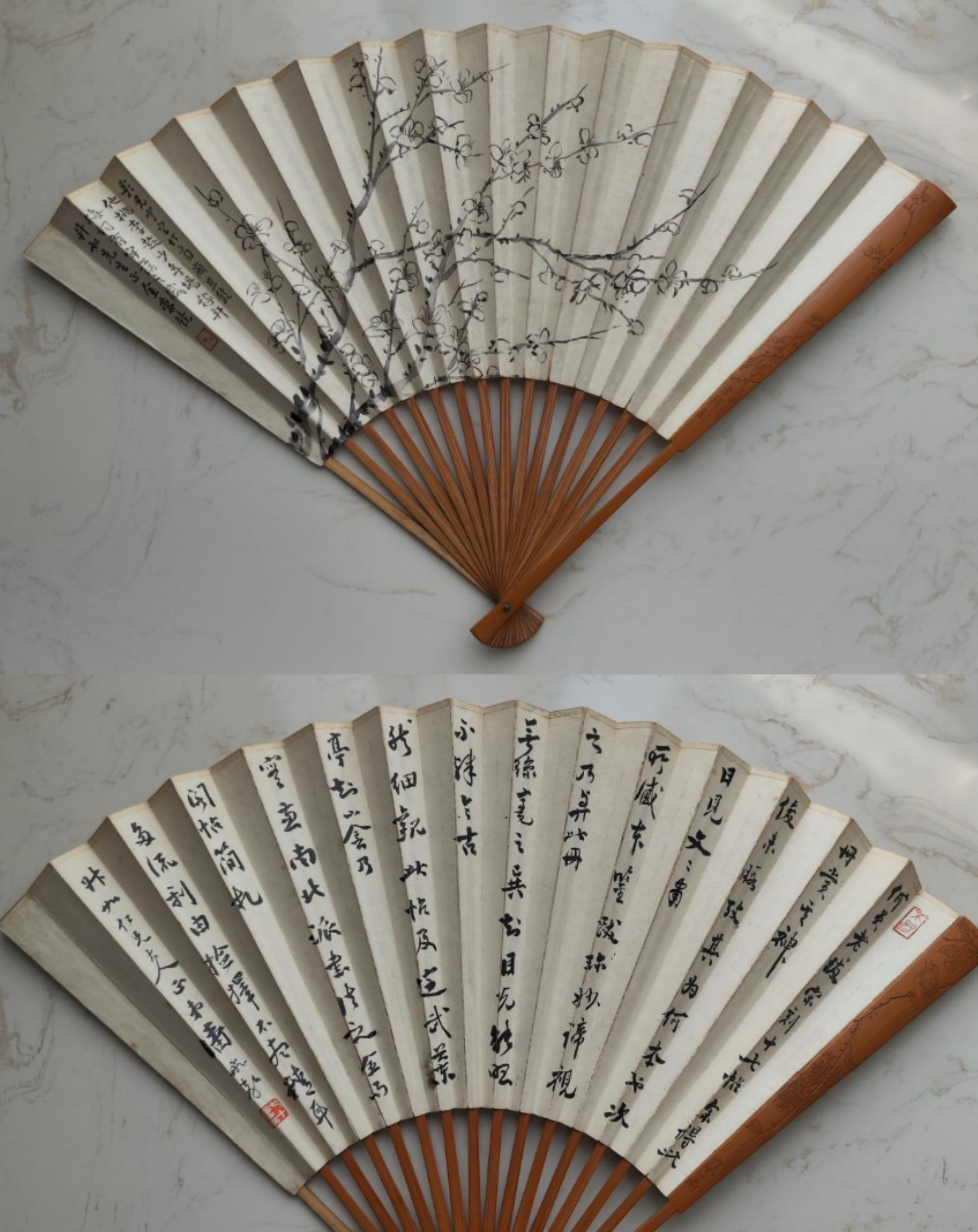 徐孝穆刻江寒汀画花鸟梅花扇骨